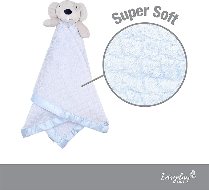 EVERYDAY KIDS Large Lovey Baby Security Blanket for Boys Sweet Dog Stuffed Animal on 30” Adorable Blue Snuggle Baby Blanket; Fluffy Fleece with Attached Plush Toy to Cuddle
