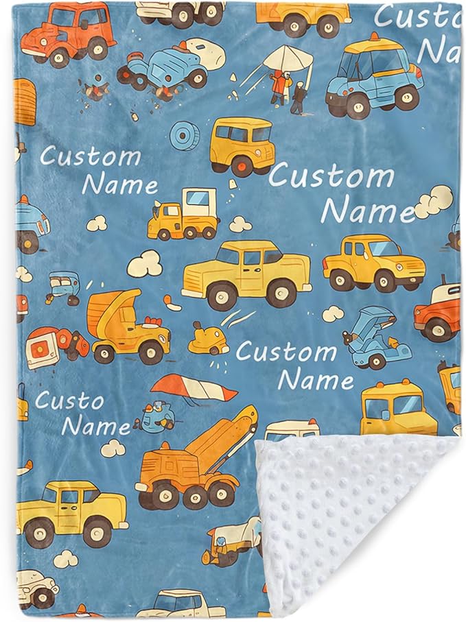 Custom Baby Blanket - Cartoon Cars Design Personalized Name Blanket, Soft Flannel Dot Infant Toddler Blanket for Boys, Customizable Nursery Bedding (60" x80)