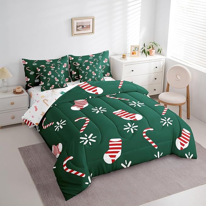 Merry Christmas Kids Bedding Set Xmas Theme Comforter Set with Sheets for Boys Girls Christmas Stockings Snowflake Decor Bed in a Bag Green Pink Xmas Theme Bed Set 7Pcs King Size