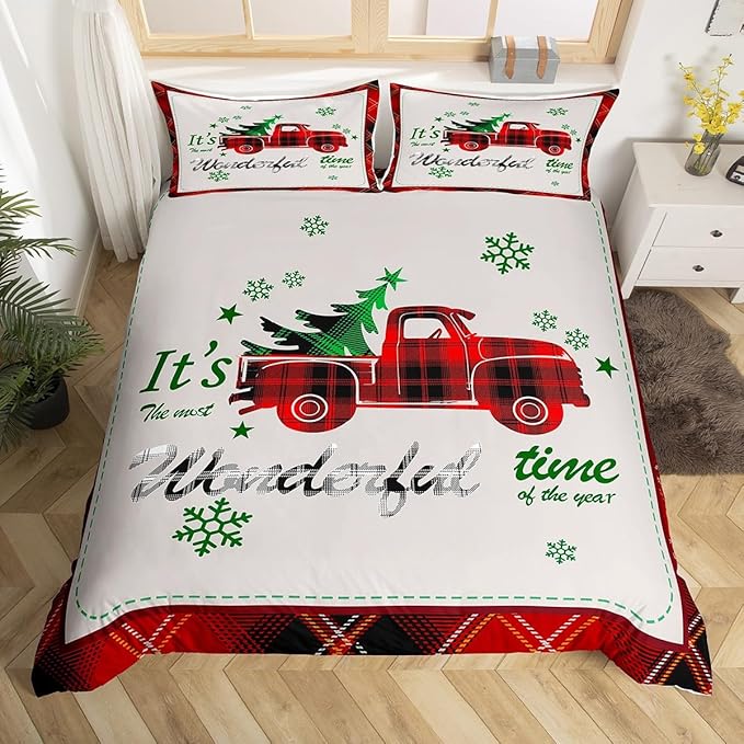 Manfei Xmas Truck Duvet Cover Set Full Size, Christmas Tree Snowflake Print Bedding Set 3pcs for Kids Boys Girls Bedroom Decor, Red Plaid Print Comforter Cover with 2 Pillowcases,No Comforter