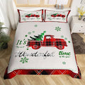 Manfei Xmas Truck Duvet Cover Set Full Size, Christmas Tree Snowflake Print Bedding Set 3pcs for Kids Boys Girls Bedroom Decor, Red Plaid Print Comforter Cover with 2 Pillowcases,No Comforter