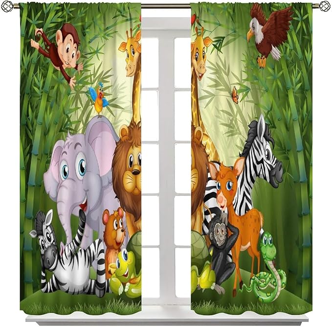 Cartoon Animal Curtains, Cute Animals Bamboo Forest Blackout Window Treatments, Rod Pocket Thermal Insulated Drapes 2 Panel Sets for Kids Room Nursery Classroom, 63" W X 63" L