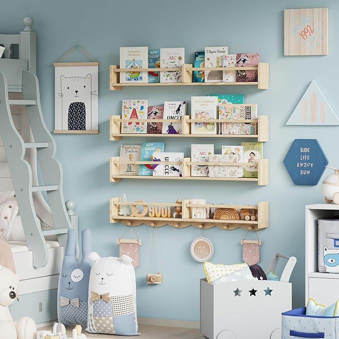 34Inch Nursery Book Shelves Wall Mounted, Floating Book Shelf for Kids Coat Rack with 6 Hooks, Wall Hanging Shelf for Baby Nursery Room Organizer ，Patent Number:US-D1058229-S(4, Burlywood)