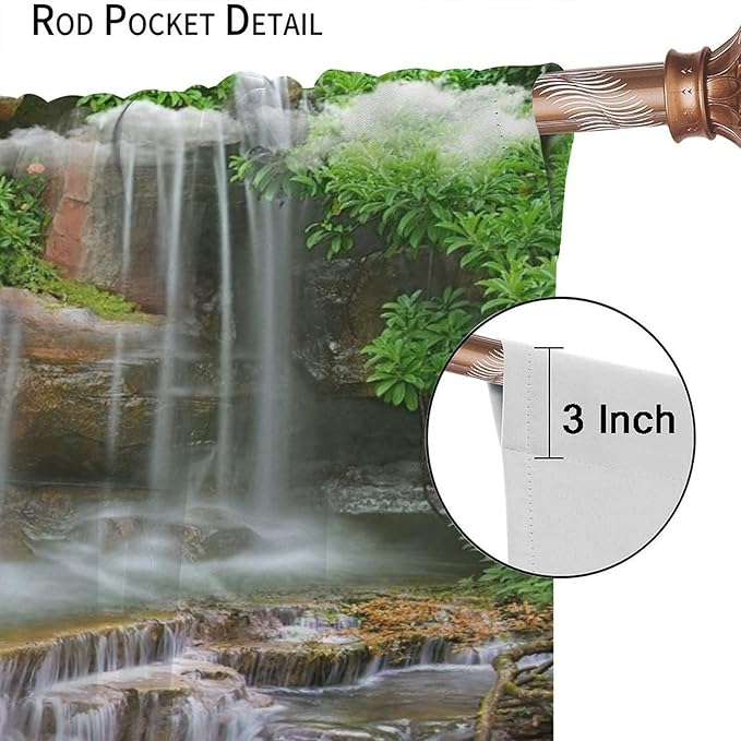 Waterfall Blackout Window Curtains, Rocky Waterfall to Pond Running Off Scenic Nature Themed Picture Print Window Drapes, for Living Room Bedroom 63x63in 2 Panels