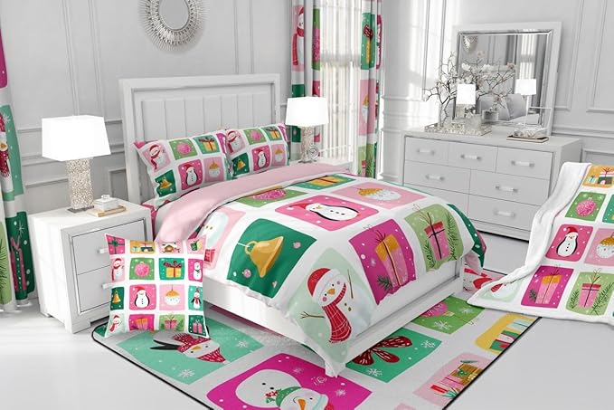 Feelyou Happy New Year Bedding Set Soft for Boys Girls, Christmas Decor Comforter Set Twin Size Merry Christmas Duvet Quilt Microfiber Winter Penguin Bedroom Decor 2 Pcs with 1 Pillow Cases
