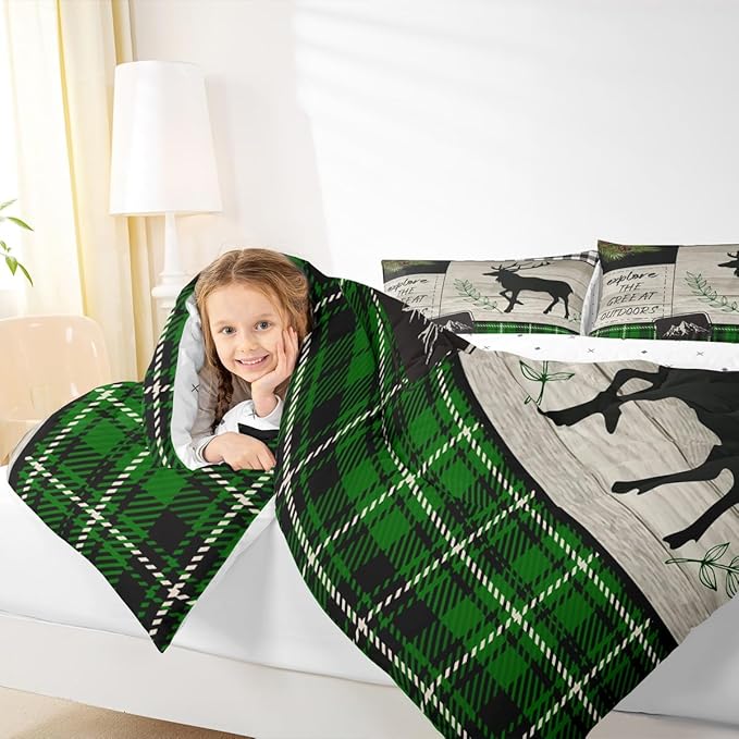 Elk Silhouette Kids Comforter Set King Size,Palm Leaves Old Plank Bedding,Girls Boys Adults Bedroom/Xmas Cabin Decor,Camper Explore Down Comforter,Geometric Grids Plaid Duvet Insert,2 Pillowcases
