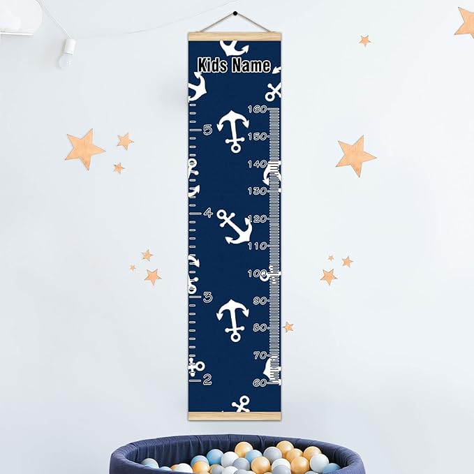Personalized Kids Name Growth Chart Ruler for Wall Wood Frame Height Measure Chart 13.4x56 in Linen Hanging Height Growth Chart Nautical Anchor Navy Blue Kids Room Decor