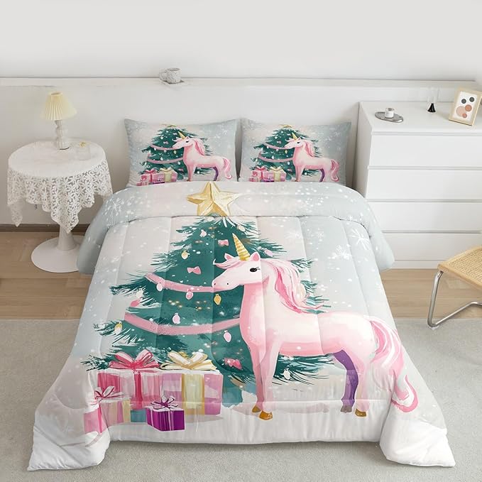 Feelyou Merry Christmas Comforter Set Twin Size Cute Unicorn Bedding Set for Kids Boys Girls Gift Duvet Quilt Christmas Tree Bedroom Decor Microfiber 2 Pcs with 1 Pillow Cases