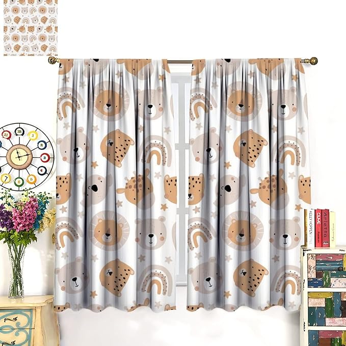 Cartoon Boho Animal Curtains,Funny Forest Safari Print,Cute African Wildlife Koala Giraffe Lion Leopard Bear Rainbow Blackout Window Drapes for Boys Girls Kids Baby Child Bedroom 42x63in