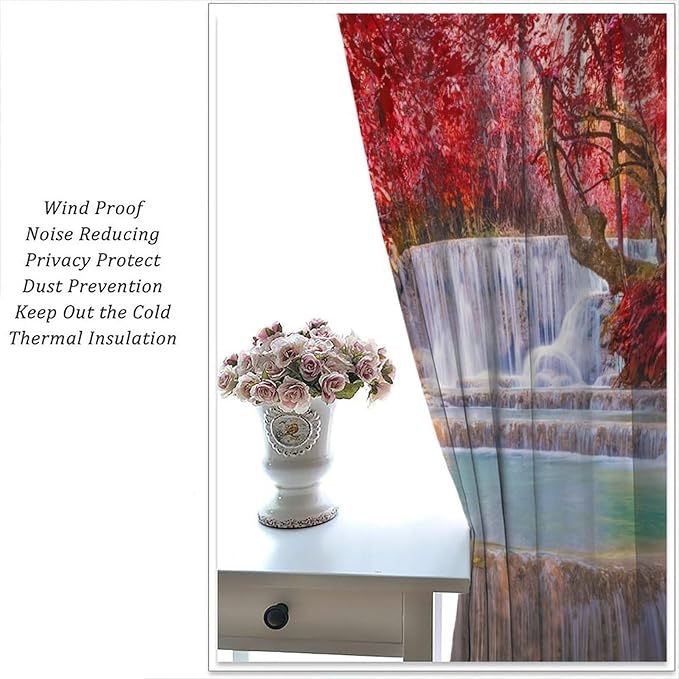 Natural Landscape Waterfall Blackout Curtains, Scenic View Waterfall Forest Autumn Window Drapes, for Bedroom Living Room 55" W X 63" L