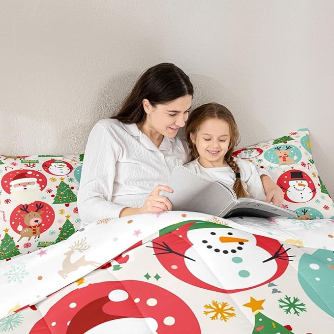 Feelyou Christmas Bedding Set Soft for Boys Girls, Santa Snowman Comforter Set Queen Size Deer Xmas Tree Duvet Quilt Microfiber Snowflake Bedroom Decor 3 Pcs with 2 Pillow Cases