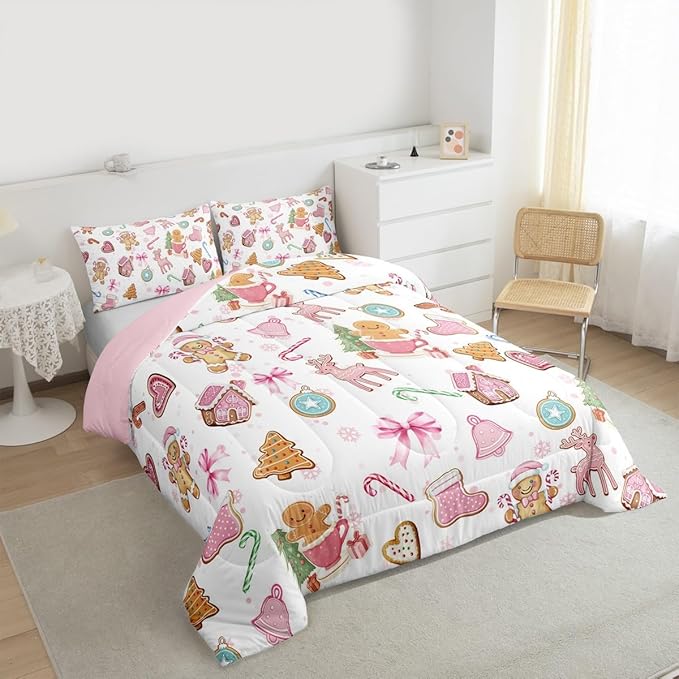Cute Bow Tie Comforter Set Full Size,Pine Tree Merry Christmas Elk Deer Kids Bedding Set,Bowknot Gingerbread Man Snowflake Quilt Comforter,Pink White Colorful Duvet Insert,2 Pillowcases