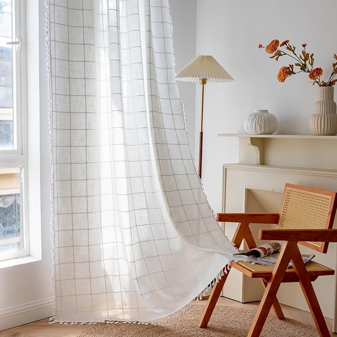 Deeprove Boho Plaid Curtains 63 inch for Home Office Kitchen Nursery, Semi Blackout Casual Farmhouse Tassels Window Treatment Bohemian Embroidery Drape Rod Pocket 1 Panel 52 W x 63 L, Cream White