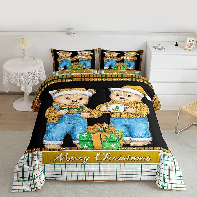 Feelyou Merry Christmas Comforter Set All Season Cute Bear Bedding Set with 2 Pillow Cases Microfiber Kids Full Bedclothes Winter Bedroom Decor Duvet Quilt Breathable Soft