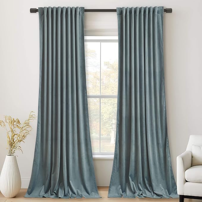 StangH Stone Blue Velvet Curtains for Kids Bedroom 94 inches Long Back Tab Soft Thermal Insulated Room Darkening Window Drapes Home Decor for Living Room, W52 x L94, 2 Panels