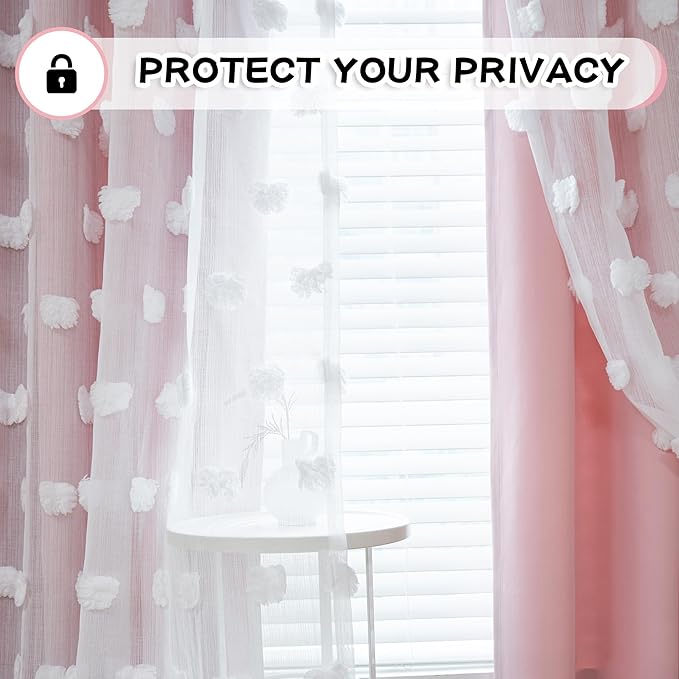 MYSKY HOME Pink Curtains for Bedroom 72 Inches Long Nursery Curtains Pom Pom White Sheer Curtains for Girls Room Double Layer for Toddler Bedroom Grommet Room Darkening Window Panels 52 x 72 Inch