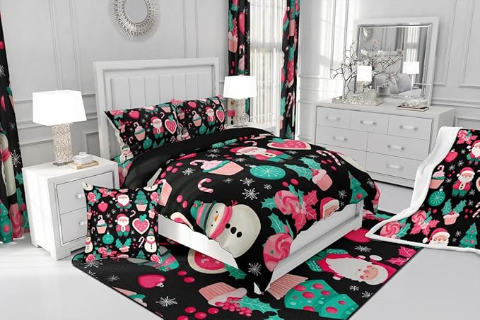 Feelyou Christmas Decor Comforter Set Toddler Size Pink Santa Claus Bedding Set for Kids Boys Girls New Year Gift Duvet Quilt Snowman Bedroom Decor Microfiber 2 Pcs with 1 Pillow Cases