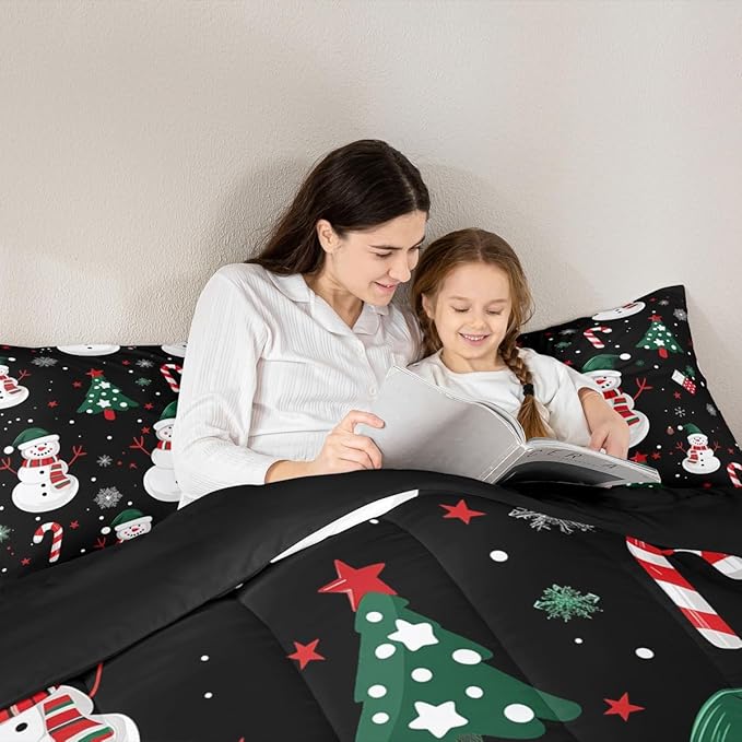 jejeloiu Kids Cute Winter Snowman Comforter Set Queen Size Christmas Theme Bedding Set for Boys Girls Teens Xmas Candy Cane Snowflake Happy New Year Duvet Quilt Room Decor