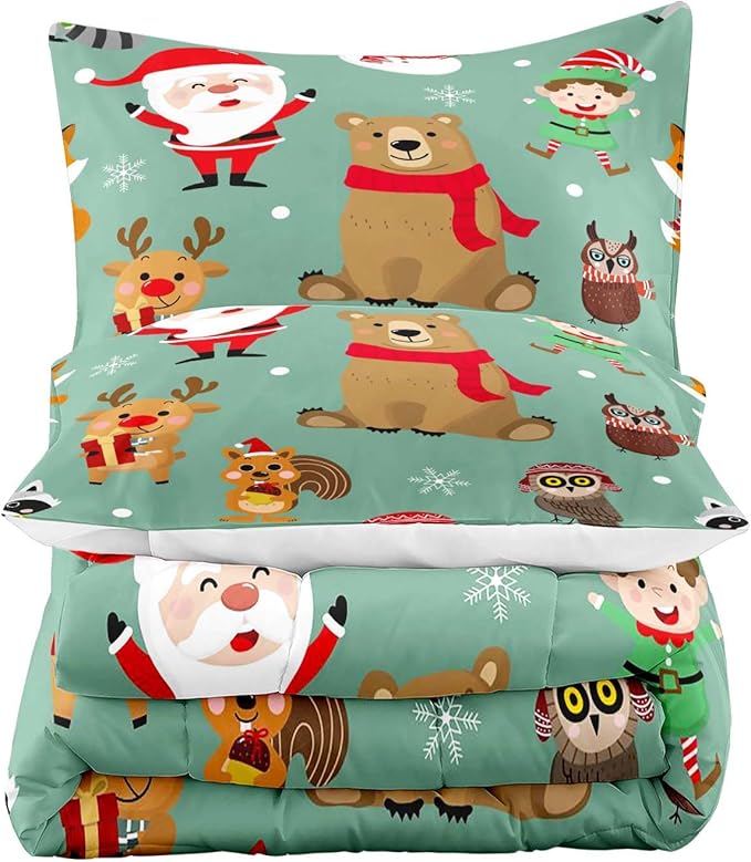 LUVIVIHOME 3PCS Merry Christmas Comforter Set Full Size, Boys Girls Kids Bedding, Green Quilt, Funny Cute Cartoon Santa Claus Elf Owl Elk Reindeer Squirrel Xmas Christmas Bedroom Decor, 2 Pillow Shams