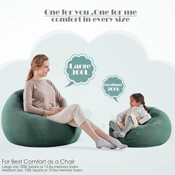 Nobildonna 3 ft Bean Bag Chair Cover (No Filler) 35"×43" Large Stuffed Animal Storage Bean Bag Washable Big Beanbag Chair Cover Premium Corduroy Stuffable Bean Bag Cover for Adults,Kids,Green 300L