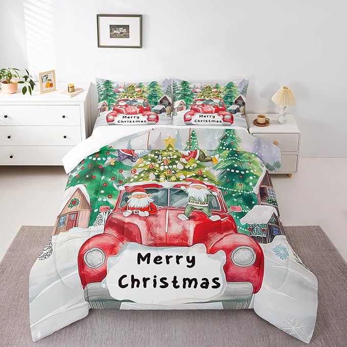 Christmas Tree Bedding Set Full Size,Red Truck Gnome Comforter Set for Kids Boys Girls Room Decor,Merry Christmas Polka Dot Cartoon Duvet Insert 3Pcs,Xmas Rustic Cabin Quilt Set,2 Pillowcases
