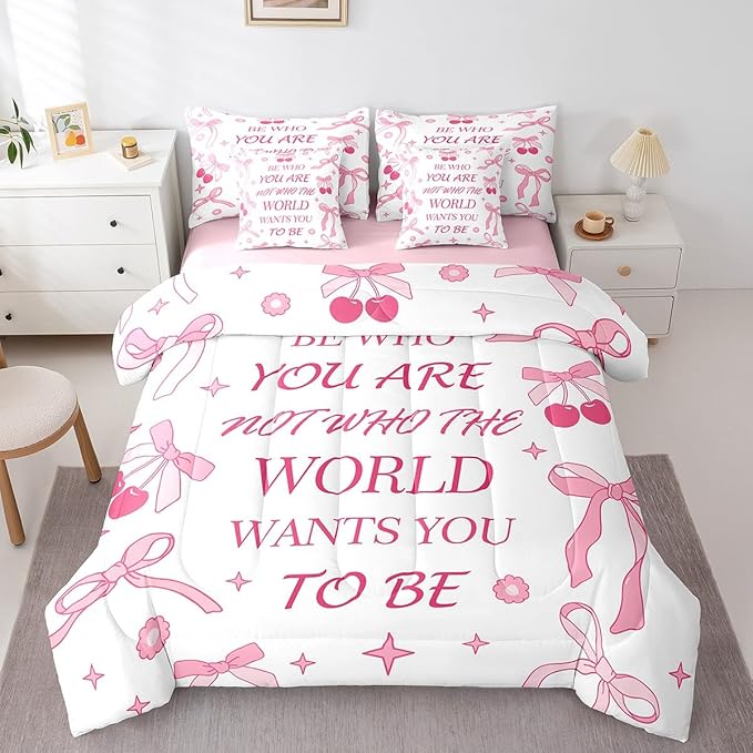 7 Pieces Pink Bowknot Kids Comforter Set Twin,Cherry Tropical Fruit Cute Princess Bedding Set,Bow Tie Stars Daisy Floral Romantic（Comforter+Fitted+Flat Sheet+2 Pillowcases+2 Throw Pillow Covers）