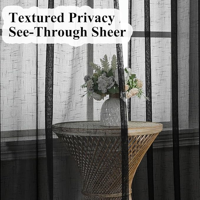 Black Linen Look Pinch Pleated Sheer Curtains 108 Inches Long 2 Panels, 50 Inches Width, Rustic Textured Light Filtering Drapes, Dark Moody Floor to Ceiling Window Curtain with Hooks