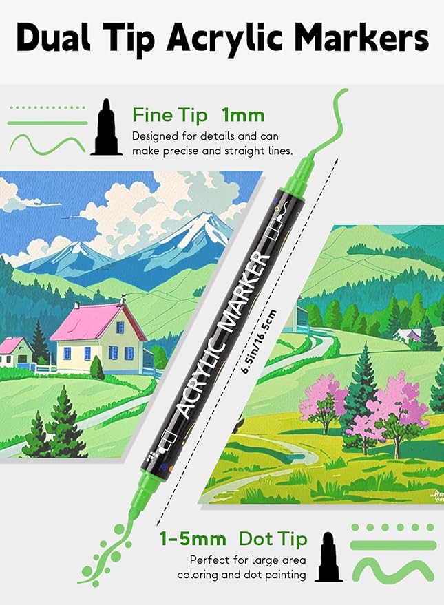 60 Colors Acrylic Paint Pens,Acrylic Paint Markers Dual Tip with Fine Tip and Dot Tip,Dot Marker for Kids Adults, Glass, Stone, Wood, Canvas, Paper, Pottery