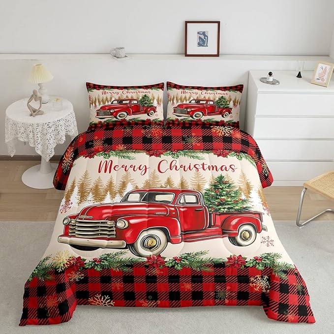 Erosebridal Merry Christmas Bedding Set Red Truck Queen Comforter Set for Kids Boys Girls Teens Room Decor,Xmas Tree Down Comforter Red Black Buffalo Plaid Decor Bed Set Car Printed Themed Quilt Set