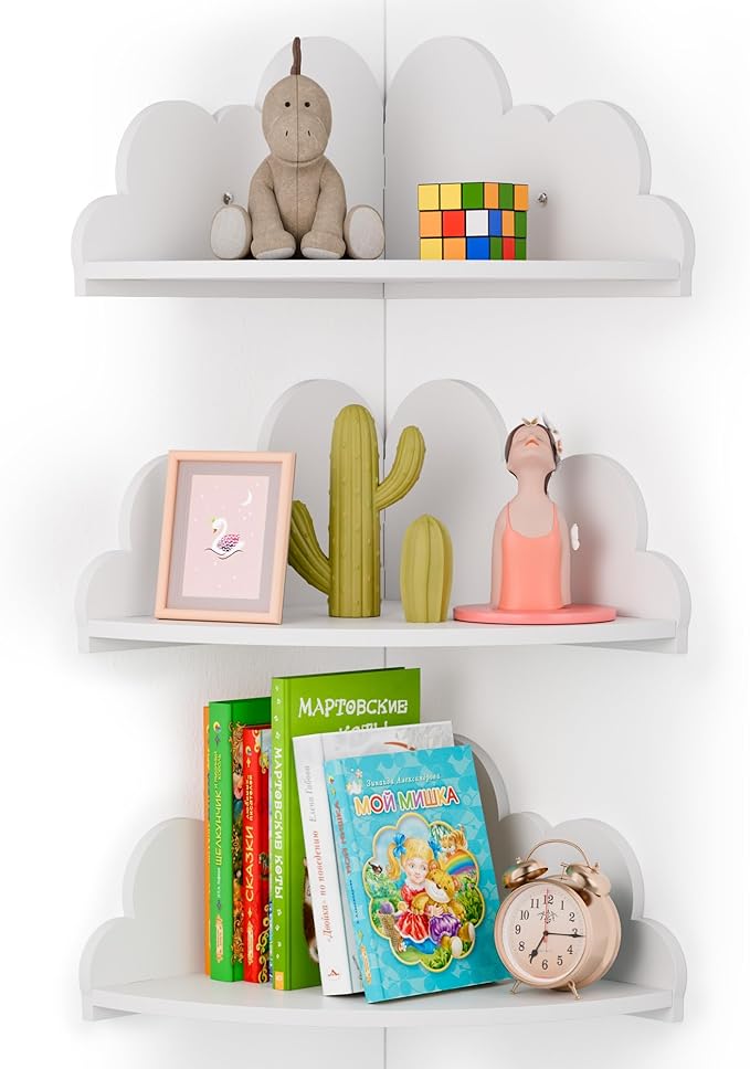 Cloud Floating Corner Shelves - Set of 3 Cloud Corner Wall Shelves for Kid’s Room, White Floating Shelf Nursery Wall Deor, Small Cute Clouds Dispaly Shelf for Toys, Plants & Storage.