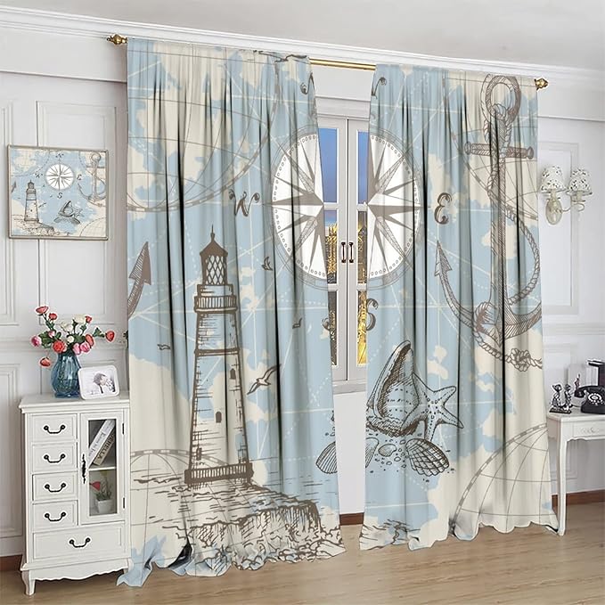 Nautical Theme Window Draperies, Pirate Sailboat Curtains for Bedroom & Living Room, Ocean Window Treatment - 2 Panels, 42x54 Inches