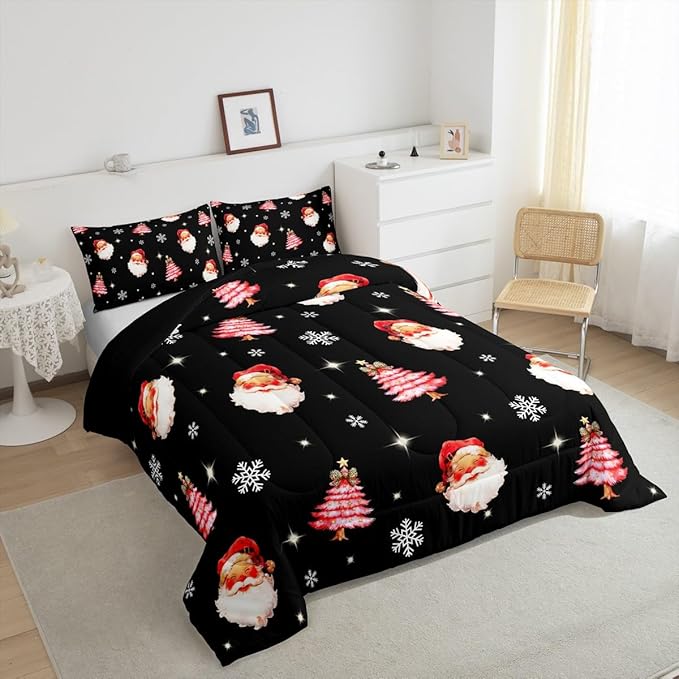 jejeloiu Kids Christmas Theme Comforter Set Queen Size Xmas Tree Cute Santa Claus Bow Bedding Set for Boys Girls Teens Winter Snowflake Happy New Year Duvet Quilt Room Decor