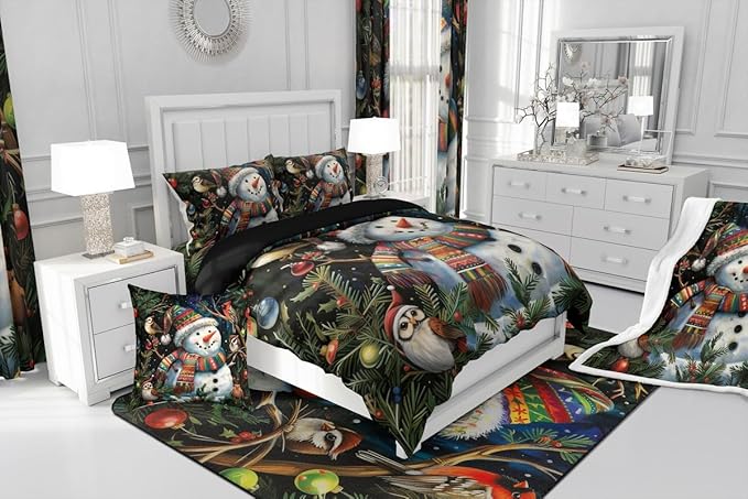 Feelyou Christmas Bedding Set Soft for Boys Girls, Holiday Snowman Birds Comforter Set Toddler Size Xmas Owl Branch Berry Duvet Quilt Microfiber Snowflake Bedroom Decor 2 Pcs with 1 Pillow Cases