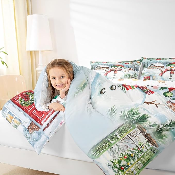 Castle Fairy Merry Christmas Comforter Set Queen Size,Watercolor Cute Snowman Pine Trees Bedding Set for Women Adult,Xmas Cartoon Decor Natural Luxury Bed Duvet Insert, 2 Pillowcases