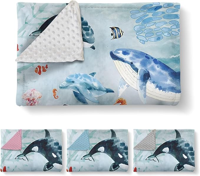 Custom Baby Blanket - Ocean Animals Theme Personalized Name Blanket for Boys Girls, Soft Infant Toddler Blanket with Whale and Dolphin, Customizable Nursery Bedding (30”x40)