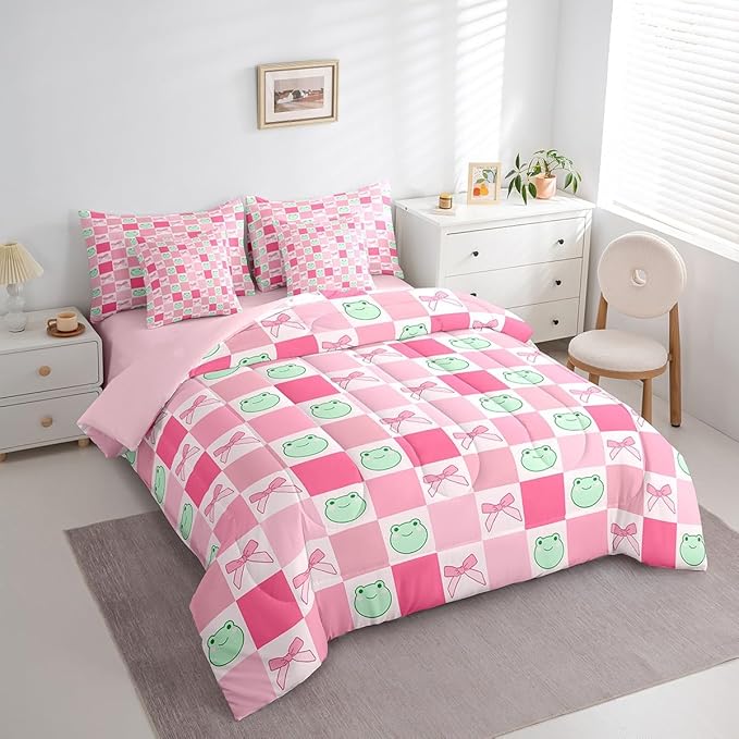 7 Pieces Cartoon Frog Kids Comforter Set King,Pink Bowknot Bow Tie Butterfly Knot Bedding Set,Geometric Plaid Grid Patchwork Cute（Comforter+Fitted+Flat Sheet+2 Pillowcases+2 Throw Pillow Covers）