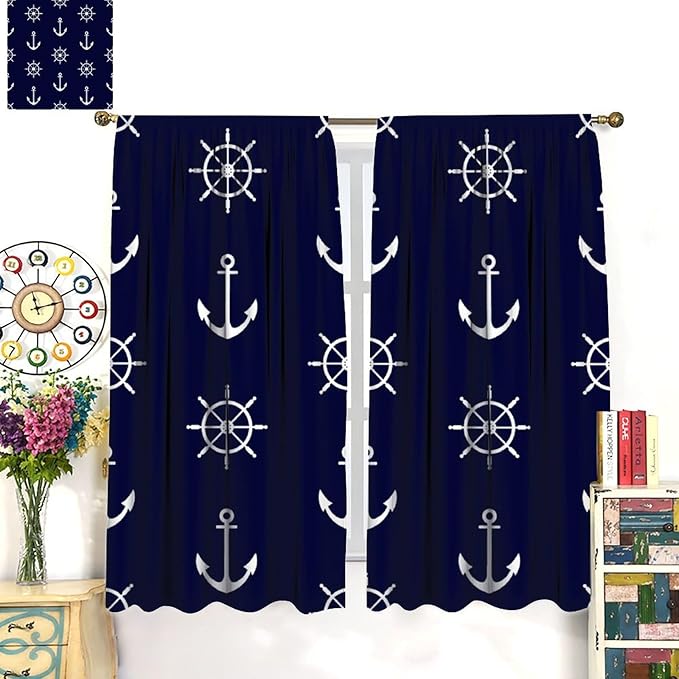 BAEKJIN Nautical Rudder Curtains,MarineThemed Oceanic Anchor Pattern Print Decor Home Bedroom Living Room Window Treatments 2 Panel Set 42x45 Inch