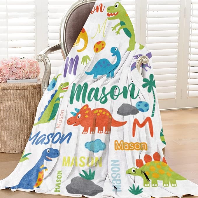 Personalized Dinosaur Blanket with Name for Boys, Customized Gift for Birthday, Christmas, Baby Shower, Soft Flannel Dinosaur Toddler Blanket, 30" X 40"