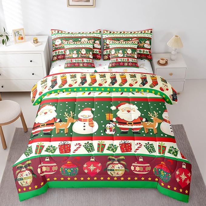 Feelyou Christmas Santa Claus Comforter Set with Sheets Cartoon Stockings Deer Bedding Set for Kids Boys Girls Teens Decor Christmas Snowflake Bed in a Bag Kawaii Bed Set 7Pcs Queen Size