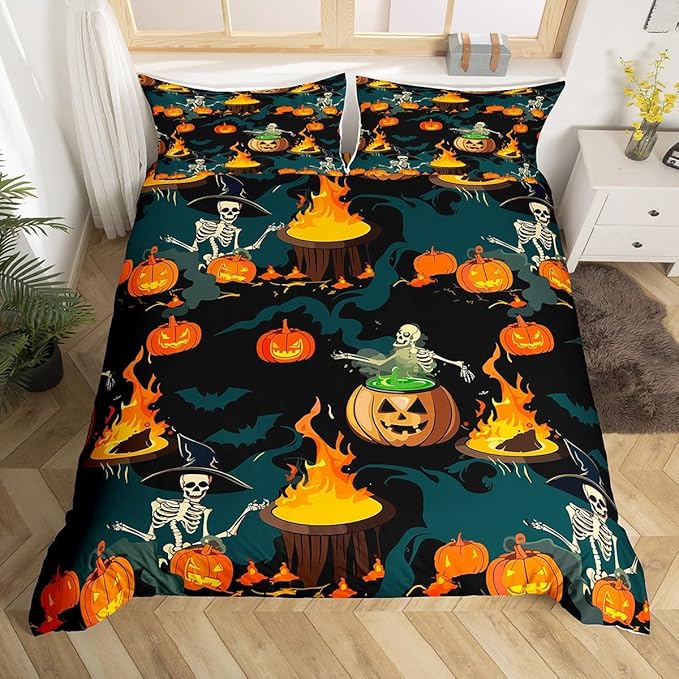 Feelyou Halloween Bedding Set for Kids Horror Skull Skeletons Comforter Cover Set Ghost Duvet Cover Pumpkin Lantern Bats Pattern Bedroom Decor Bedspread Cover Twin Size Bedding Collection 2Pcs