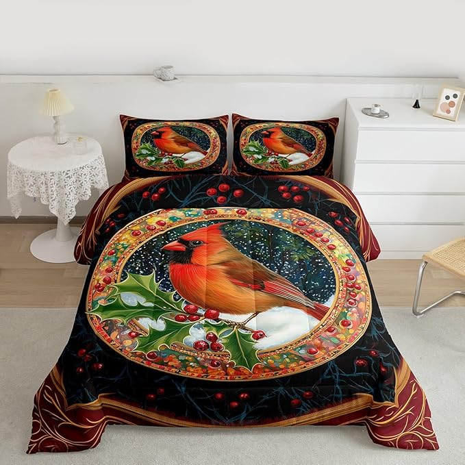 Feelyou Merry Christmas Comforter Set Toddler Size Robin Bird Bedding Set for Kids Boys Girls Snowflake Duvet Quilt Winter Bedroom Decor Microfiber 2 Pcs with 1 Pillow Cases