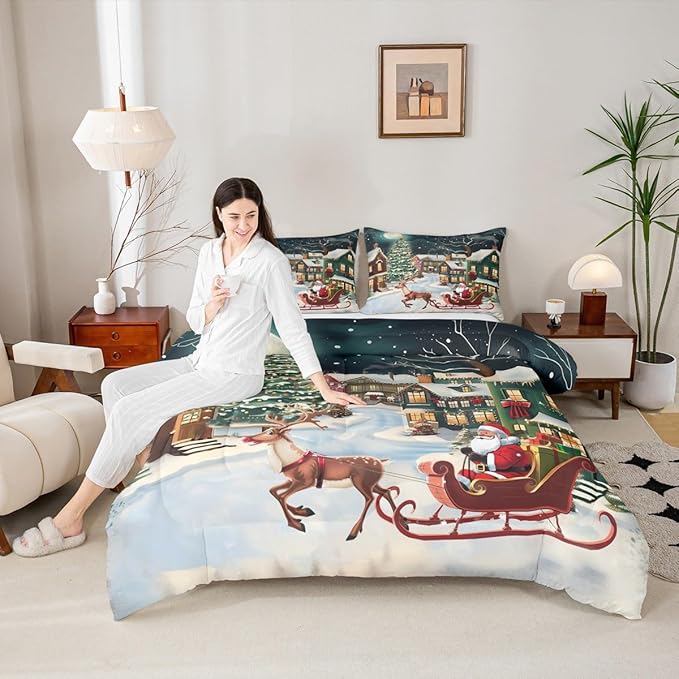 Feelyou Christmas Kids Comforter Set Toddler Size Santa Claus Bedding Set Reindeer Sled Duvet Quilt for Kids Boys Girls Bedroom Xmas Tree Decor Microfiber Ultra Soft Breathable