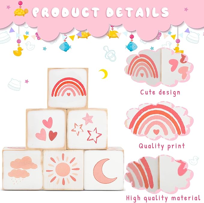 Kigley 6 Pcs Rainbow Nursery Decor for Girls and Boys Nursery Watercolor Shelf Decor Muted Rainbow for Minimalist Neutral Moon, Stars, Clouds Baby Blocks for Bedroom Playroom Gifts