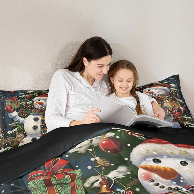 Feelyou Christmas Kids Comforter Set Full Size Snowman Squirrel Bedding Set Snowflake Gift Duvet Quilt for Kids Boys Girls Bedroom Branch Berry Decor Microfiber Ultra Soft Breathable