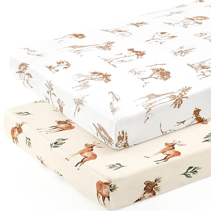 GRSSDER Stretchy Ultra Soft Jersey Knit Pack and Play Sheets 2 Pack, Portable/Mini Crib Sheets Universal Fitted for Playpen Mattress Safe and Snug, Cute Elk Animals Print
