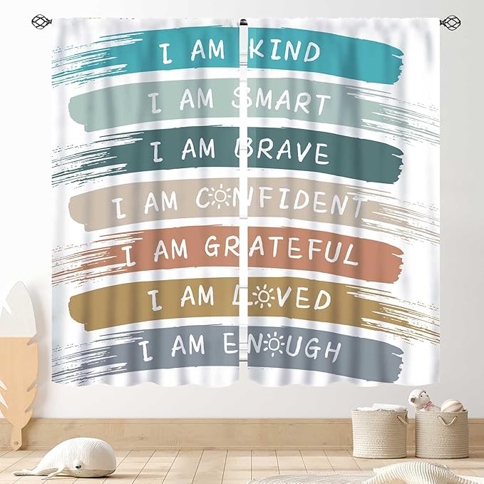 Rainbow Curtains for Classroom, Kids Girls Baby Boho Cute Inspirational Motivational Quotes Cartoon Colorful Pastel Nursery Classroom Bedroom Living Room Bathroom Window Drapes 2 Panels, 84"x63" Inch