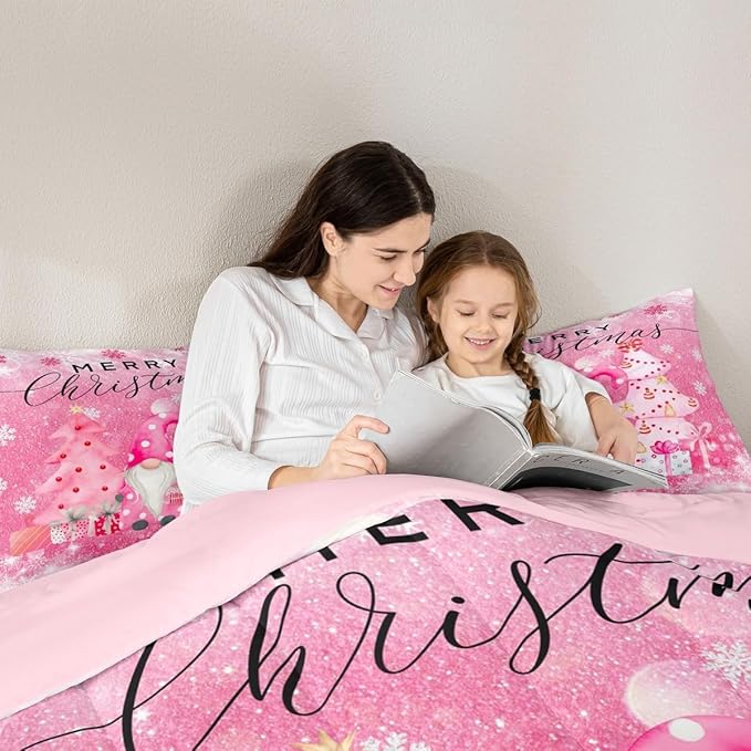 Girly Christmas Kids Comforter Set Toddler Size,Pink Gnome Pine Trees Xmas Gift Bedding Set for Bedroom Holiday Decor,Snowflake Stars Sparkling Glitter Print Quilted Set with 1 Pillowcase