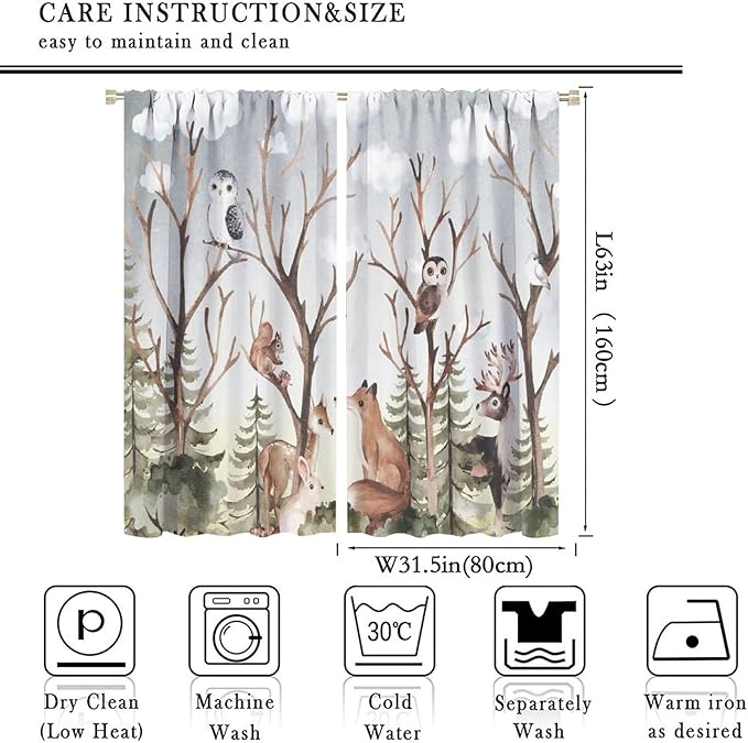 Forest Curtains, Cartoon Woodland Animals Tree Birds Moose Rabbit Mushroom Print Pattern Kids Bedroom Window Treatments Curtains 63x63in