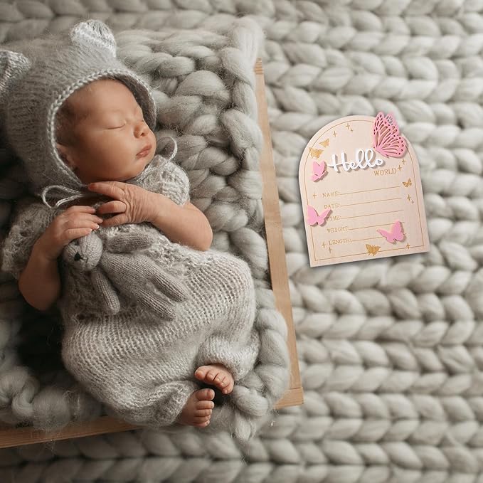 Hello World Newborn Sign, 5.83 × 6.97 Inch Pink Butterfly Baby Announcement Sign Wooden Birth Welcome Board for Newborn Boys Girls Photo Props Baby Shower Hospital Nursery