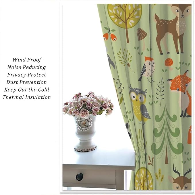 Cute Animals Curtains, Fox Bear Cartoon Wild Animals Blackout Window Treatments, Rod Pocket Thermal Insulated Drapes 2 Panel Sets for Kids Bedroom Nursery Classroom, 84" W X 84" L